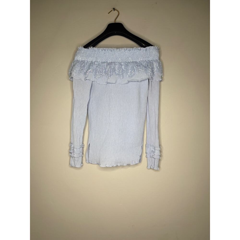 Kobi Halperin Women's Size Small Blue Off Shoulder Fringe Detail Long Sleeve Top - Picture 4 of 4